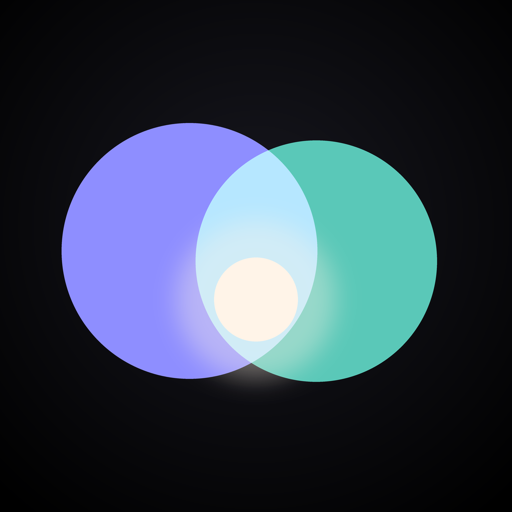 Two of Us app icon — two overlapping circles, one periwinkle, one teal, with a small warm light where they meet